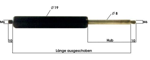 Gasfeder GF08/19, 100NM, Länge 253 mm, Hub 100 mm