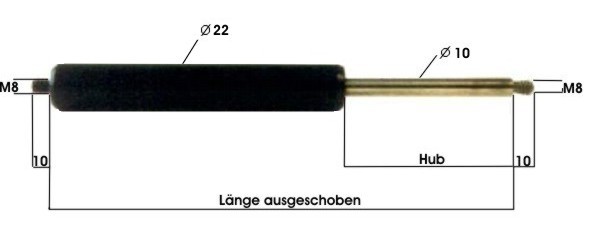 Gasfeder GF10/22, 150NM, Länge 210 mm, Hub 75 mm