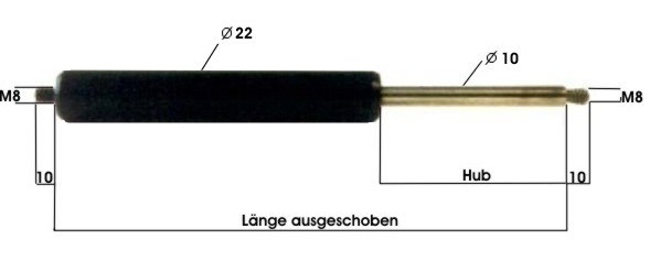 Gasfeder GF10/22, 250NM, Länge 210 mm, Hub 75 mm